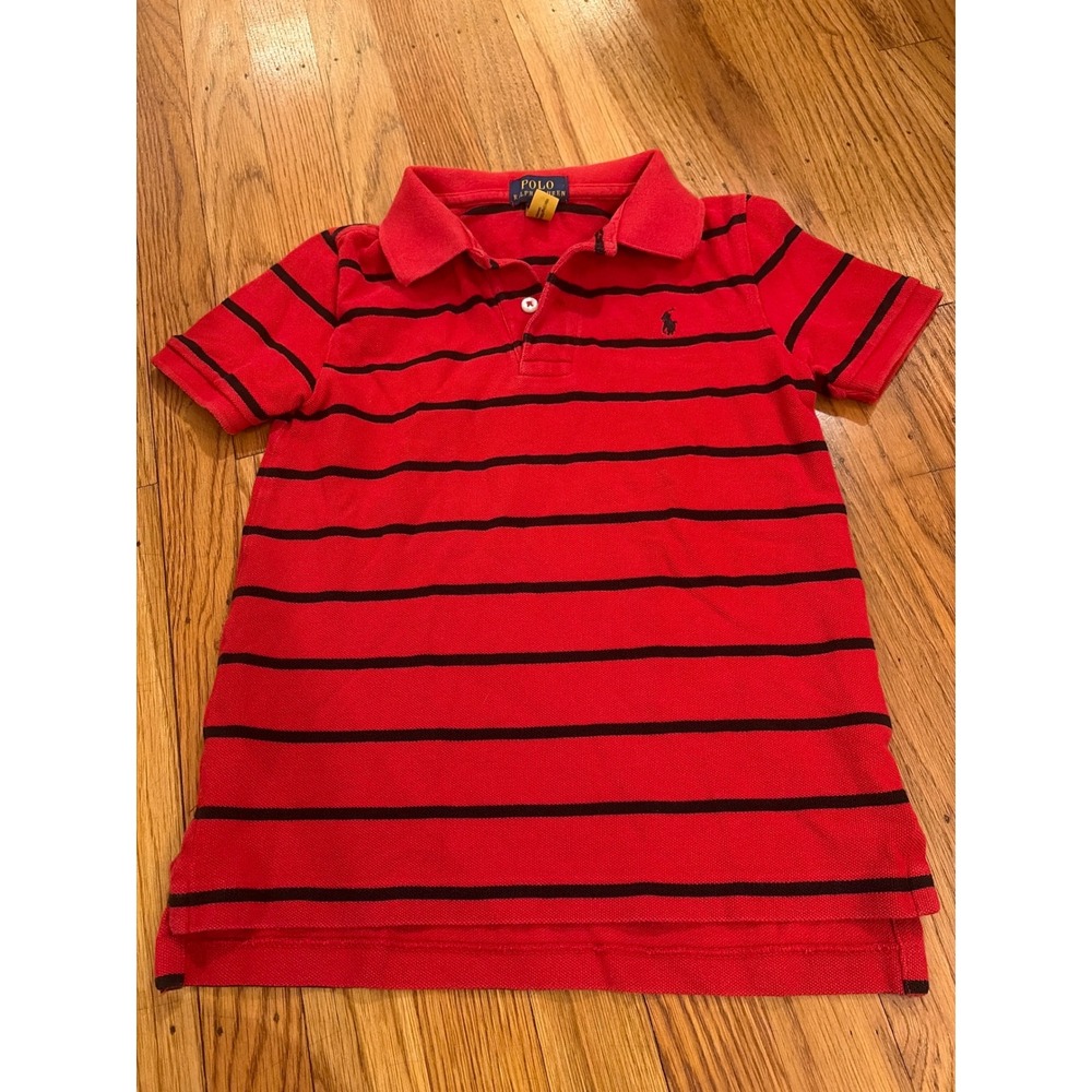 Polo Ralph Lauren Kids Red Black Striped Short Sleeve Polo Shirt Size 6